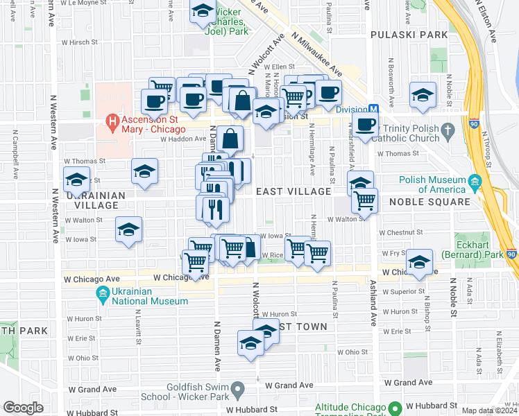 map of restaurants, bars, coffee shops, grocery stores, and more near 945 North Wolcott Avenue in Chicago