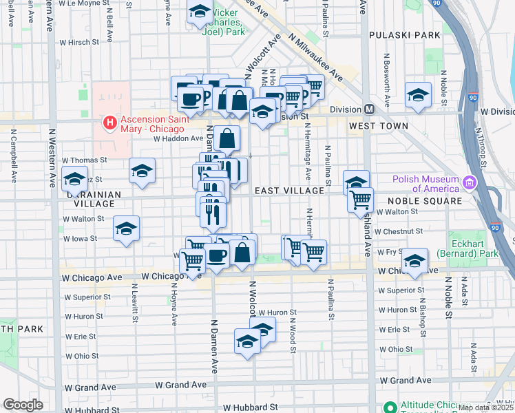 map of restaurants, bars, coffee shops, grocery stores, and more near 945 North Wolcott Avenue in Chicago