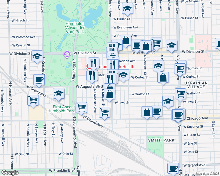 map of restaurants, bars, coffee shops, grocery stores, and more near in Chicago