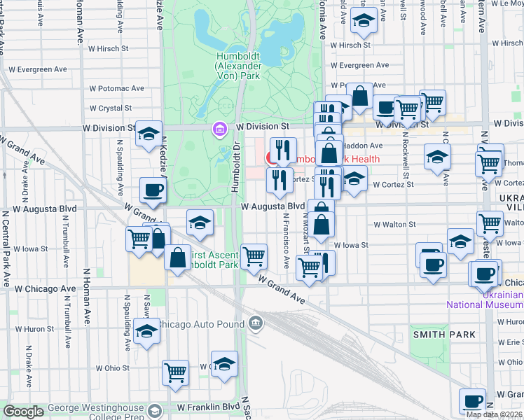 map of restaurants, bars, coffee shops, grocery stores, and more near 1003 North Richmond Street in Chicago