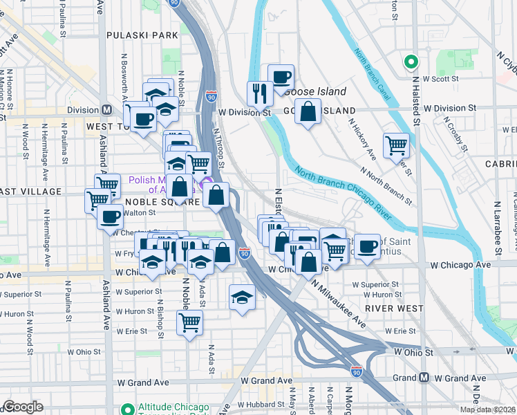 map of restaurants, bars, coffee shops, grocery stores, and more near 951 North Willard Court in Chicago