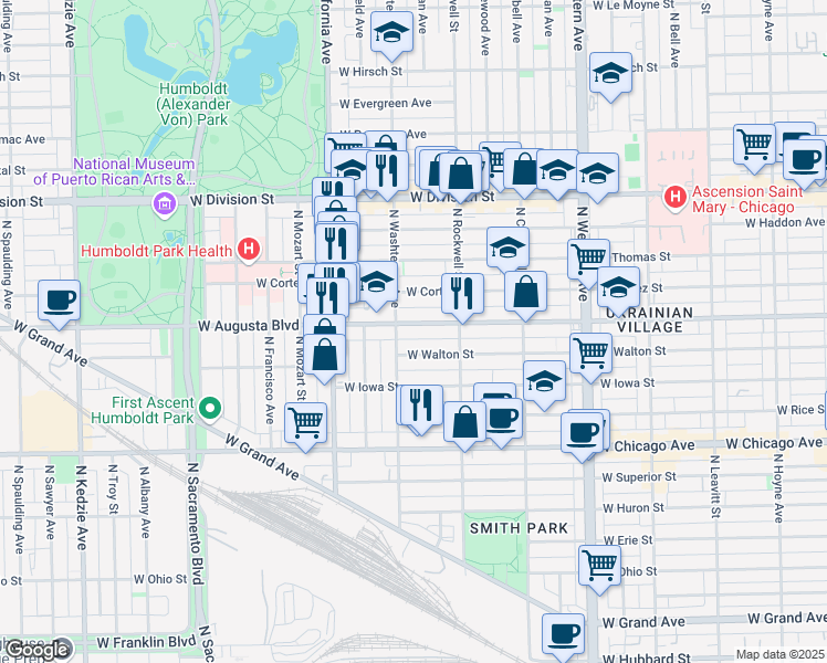 map of restaurants, bars, coffee shops, grocery stores, and more near 2645 West Augusta Boulevard in Chicago