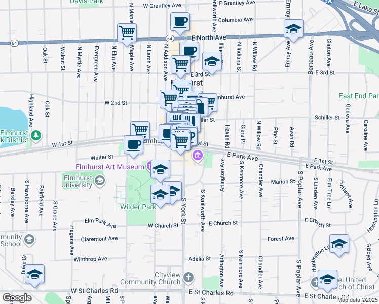 map of restaurants, bars, coffee shops, grocery stores, and more near 111 East 1st Street in Elmhurst