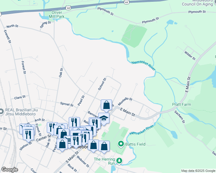 map of restaurants, bars, coffee shops, grocery stores, and more near 5 Bloomfield Avenue in Middleborough