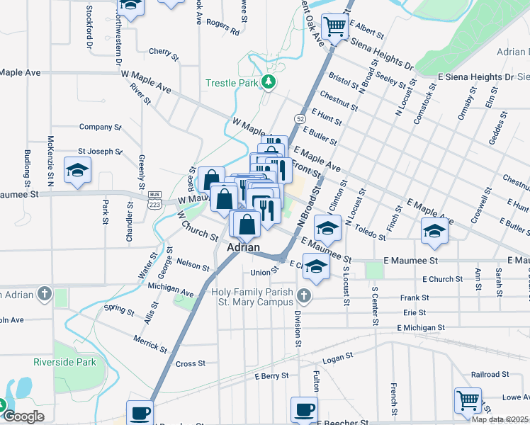map of restaurants, bars, coffee shops, grocery stores, and more near 149 North Main Street in Adrian