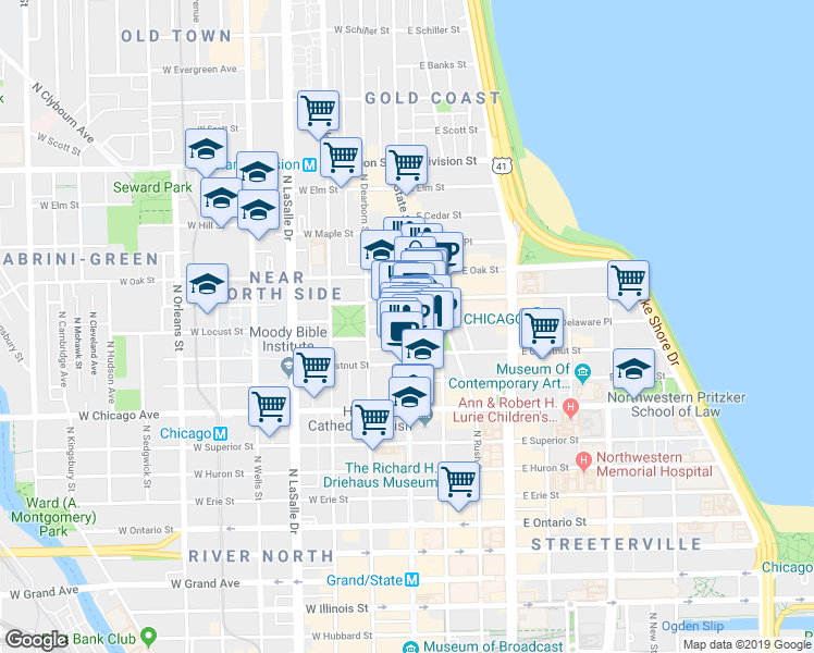 map of restaurants, bars, coffee shops, grocery stores, and more near 908 North State Street in Chicago