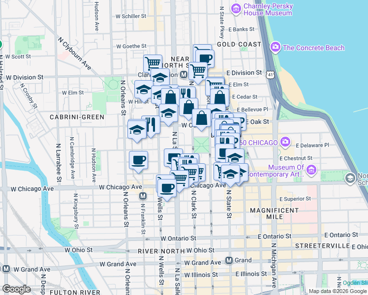map of restaurants, bars, coffee shops, grocery stores, and more near 100 West Delaware Place in Chicago