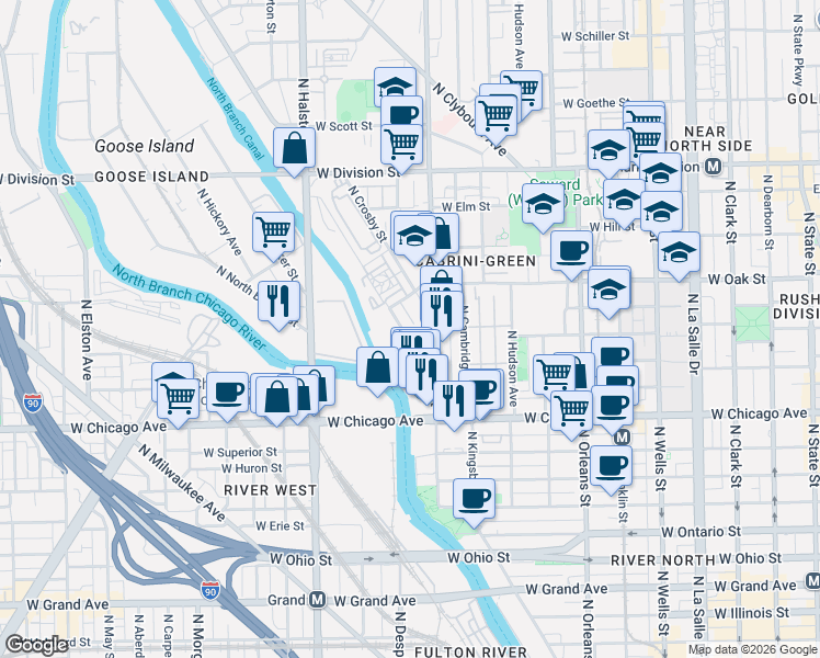 map of restaurants, bars, coffee shops, grocery stores, and more near 924 North Crosby Street in Chicago