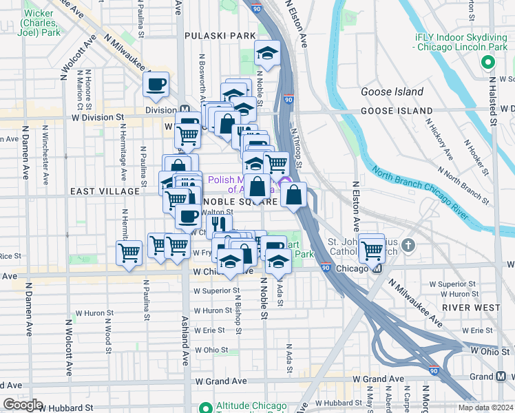 map of restaurants, bars, coffee shops, grocery stores, and more near 952 North Noble Street in Chicago