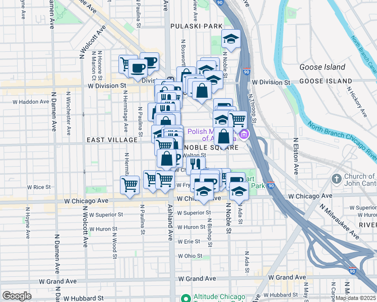 map of restaurants, bars, coffee shops, grocery stores, and more near 1527 West Augusta Boulevard in Chicago