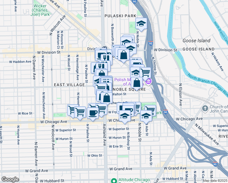 map of restaurants, bars, coffee shops, grocery stores, and more near 1527 West Augusta Boulevard in Chicago