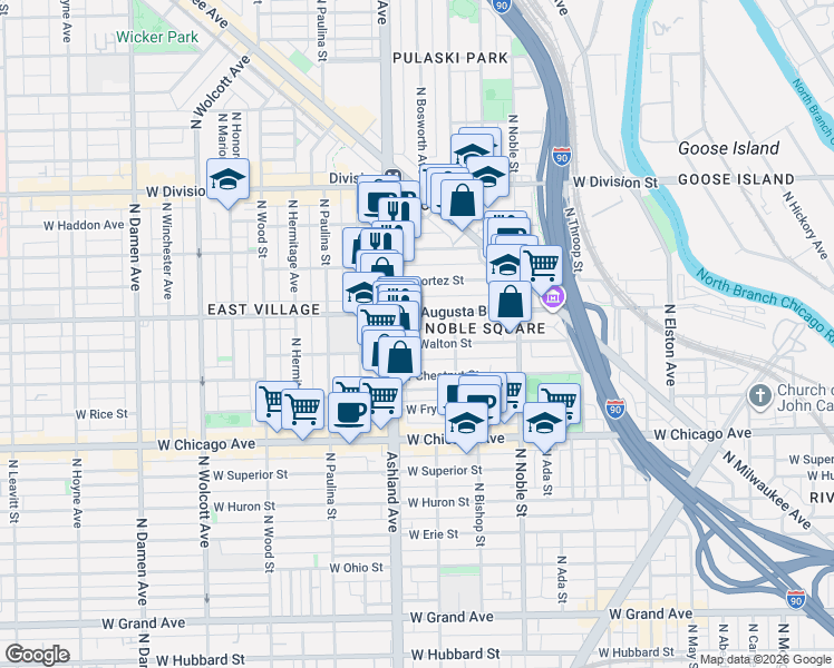 map of restaurants, bars, coffee shops, grocery stores, and more near 1527 West Augusta Boulevard in Chicago