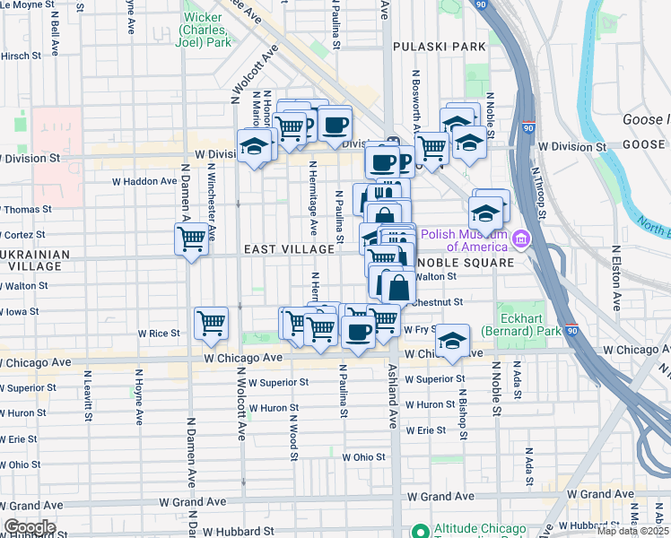 map of restaurants, bars, coffee shops, grocery stores, and more near 1719 West Augusta Boulevard in Chicago