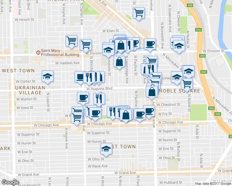 map of restaurants, bars, coffee shops, grocery stores, and more near in Chicago