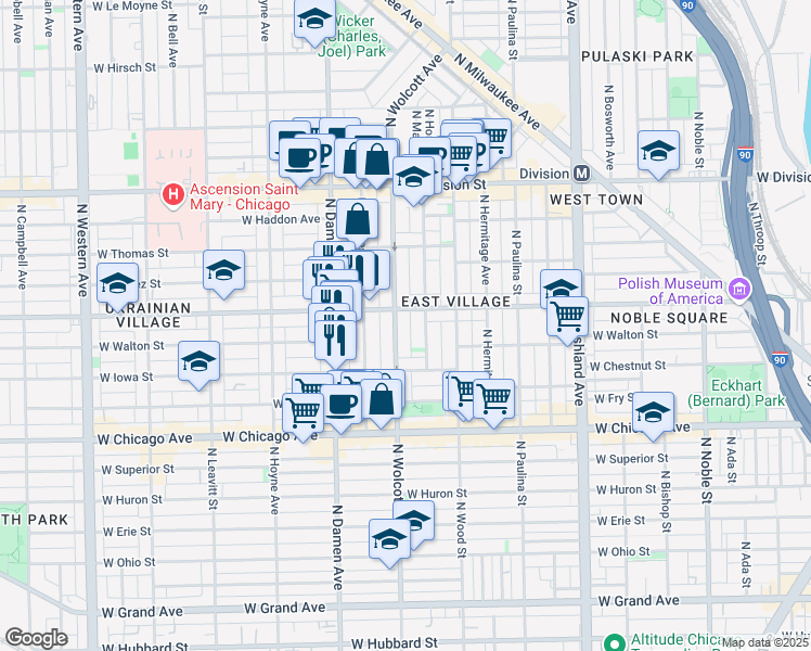 map of restaurants, bars, coffee shops, grocery stores, and more near 958 North Wolcott Avenue in Chicago