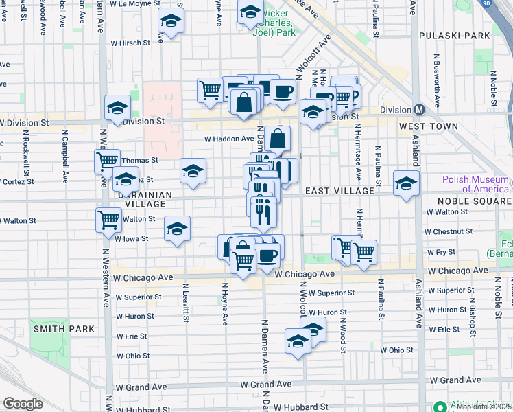 map of restaurants, bars, coffee shops, grocery stores, and more near 2021 West Augusta Boulevard in Chicago