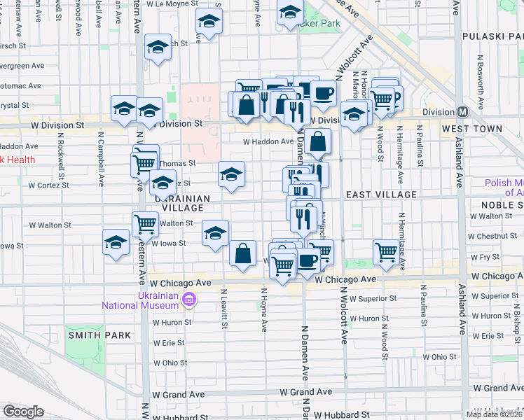 map of restaurants, bars, coffee shops, grocery stores, and more near 953 North Hoyne Avenue in Chicago