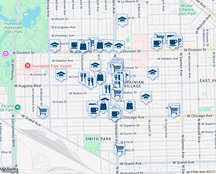map of restaurants, bars, coffee shops, grocery stores, and more near 2438 West Augusta Boulevard in Chicago