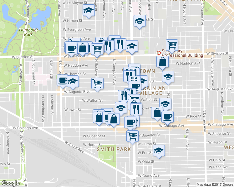 map of restaurants, bars, coffee shops, grocery stores, and more near 2438 West Augusta Boulevard in Chicago