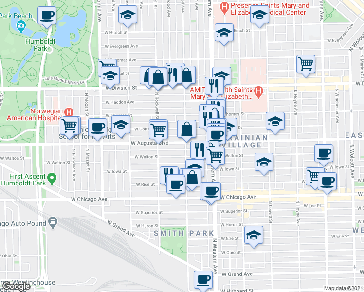map of restaurants, bars, coffee shops, grocery stores, and more near 2512 West Augusta Boulevard in Chicago