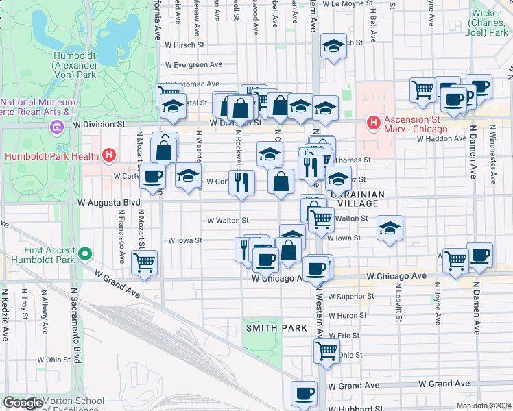 map of restaurants, bars, coffee shops, grocery stores, and more near 2554 West Augusta Boulevard in Chicago