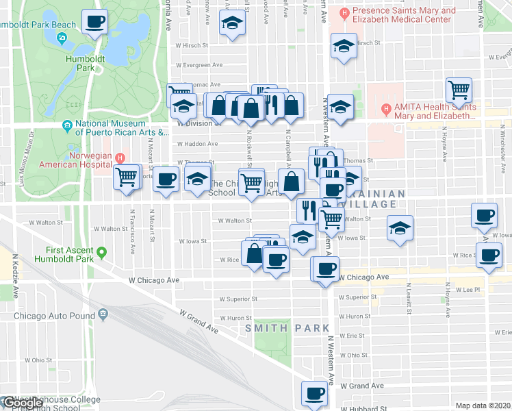 map of restaurants, bars, coffee shops, grocery stores, and more near in Chicago