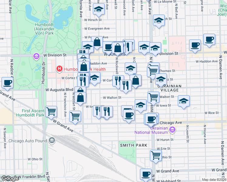 map of restaurants, bars, coffee shops, grocery stores, and more near 2630 West Augusta Boulevard in Chicago