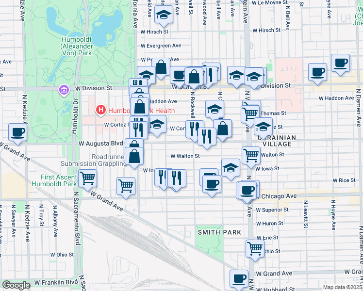 map of restaurants, bars, coffee shops, grocery stores, and more near 2630 West Augusta Boulevard in Chicago