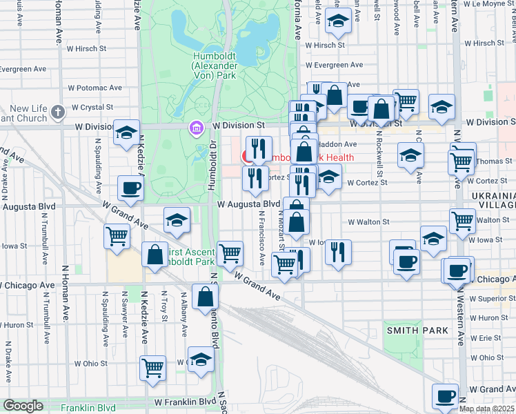 map of restaurants, bars, coffee shops, grocery stores, and more near 1003 North Francisco Avenue in Chicago