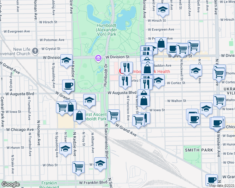map of restaurants, bars, coffee shops, grocery stores, and more near 1003 North Richmond Street in Chicago