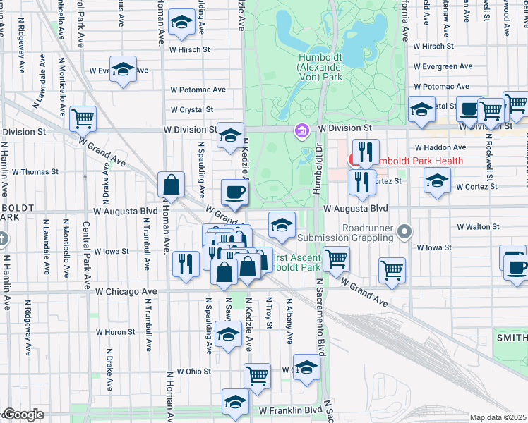 map of restaurants, bars, coffee shops, grocery stores, and more near 1410 Luis Munoz Marin Drive in Chicago