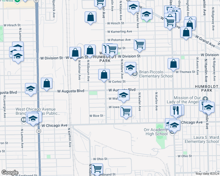 map of restaurants, bars, coffee shops, grocery stores, and more near 4335 West Cortez Street in Chicago