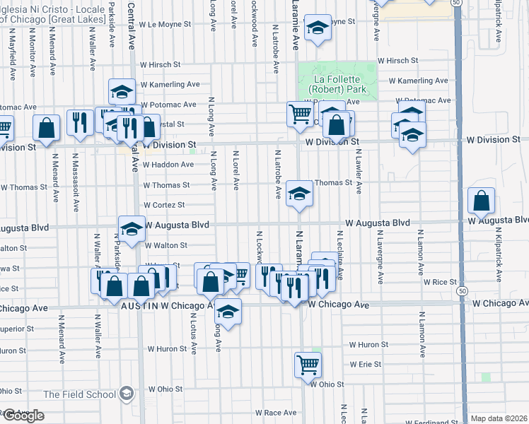 map of restaurants, bars, coffee shops, grocery stores, and more near 1030 North Latrobe Avenue in Chicago