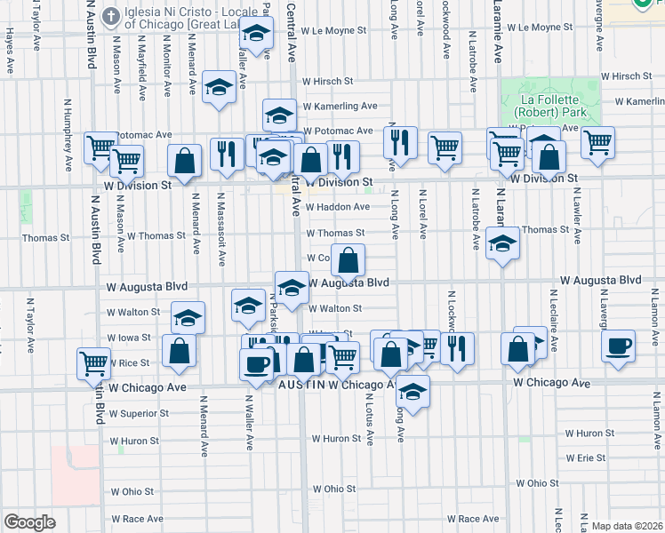 map of restaurants, bars, coffee shops, grocery stores, and more near 1039 North Pine Avenue in Chicago