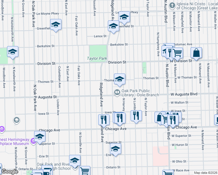 map of restaurants, bars, coffee shops, grocery stores, and more near 732 North Ridgeland Avenue in Oak Park