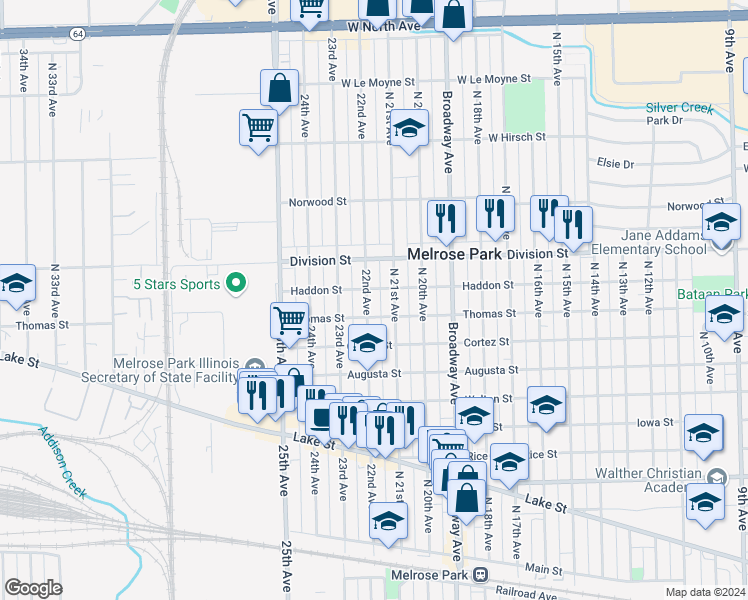 map of restaurants, bars, coffee shops, grocery stores, and more near 1402 North 21st Avenue in Melrose Park