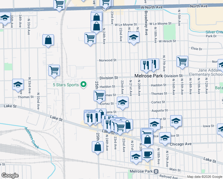 map of restaurants, bars, coffee shops, grocery stores, and more near 1401 North 24th Avenue in Melrose Park