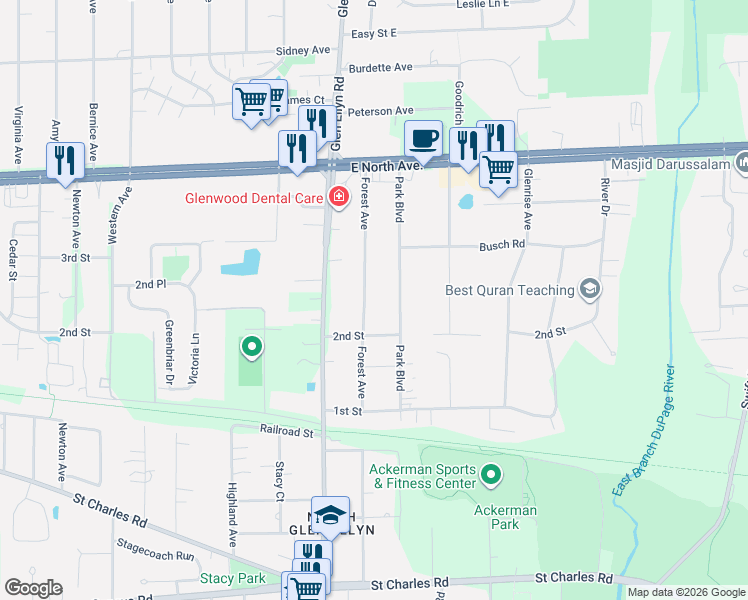 map of restaurants, bars, coffee shops, grocery stores, and more near 580 Forest Avenue in Glen Ellyn