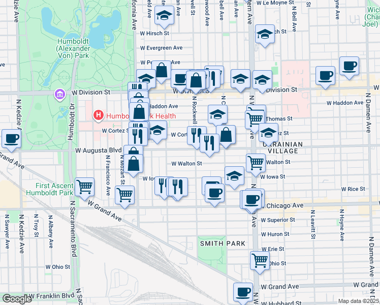 map of restaurants, bars, coffee shops, grocery stores, and more near 2630 West Augusta Boulevard in Chicago