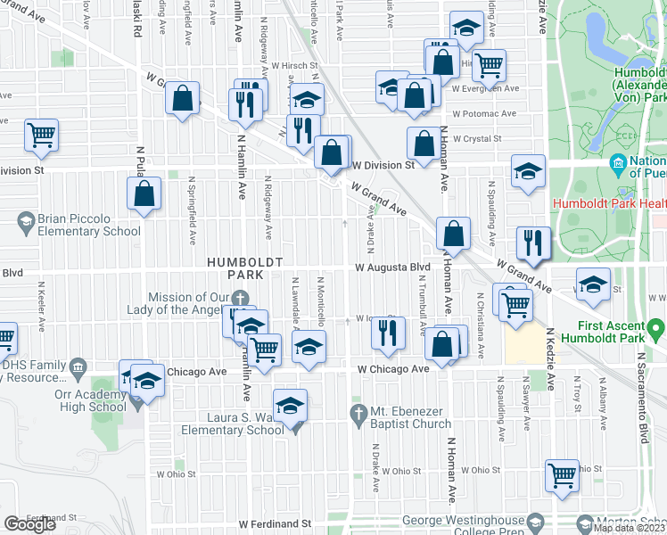 map of restaurants, bars, coffee shops, grocery stores, and more near 3614 West Augusta Boulevard in Chicago