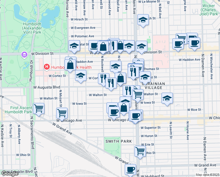map of restaurants, bars, coffee shops, grocery stores, and more near 2533 West Augusta Boulevard in Chicago