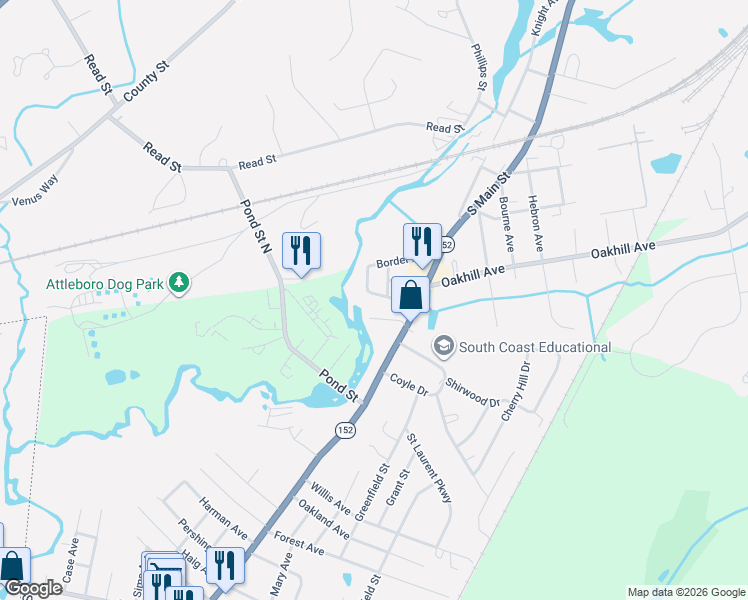 map of restaurants, bars, coffee shops, grocery stores, and more near 39 Hillcrest Avenue in Seekonk