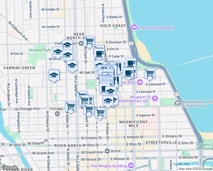 map of restaurants, bars, coffee shops, grocery stores, and more near N State St & W Delaware Pl in Chicago