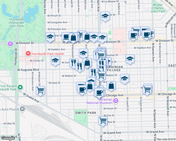 map of restaurants, bars, coffee shops, grocery stores, and more near 2457 West Augusta Boulevard in Chicago