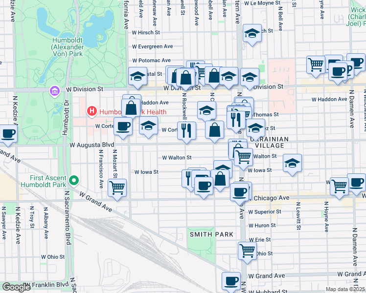 map of restaurants, bars, coffee shops, grocery stores, and more near 2601 West Augusta Boulevard in Chicago