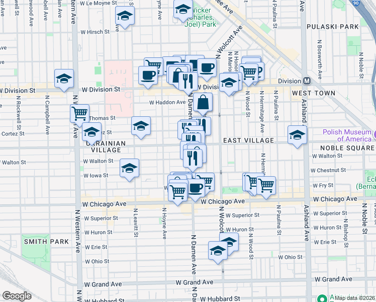 map of restaurants, bars, coffee shops, grocery stores, and more near 2021 West Augusta Boulevard in Chicago