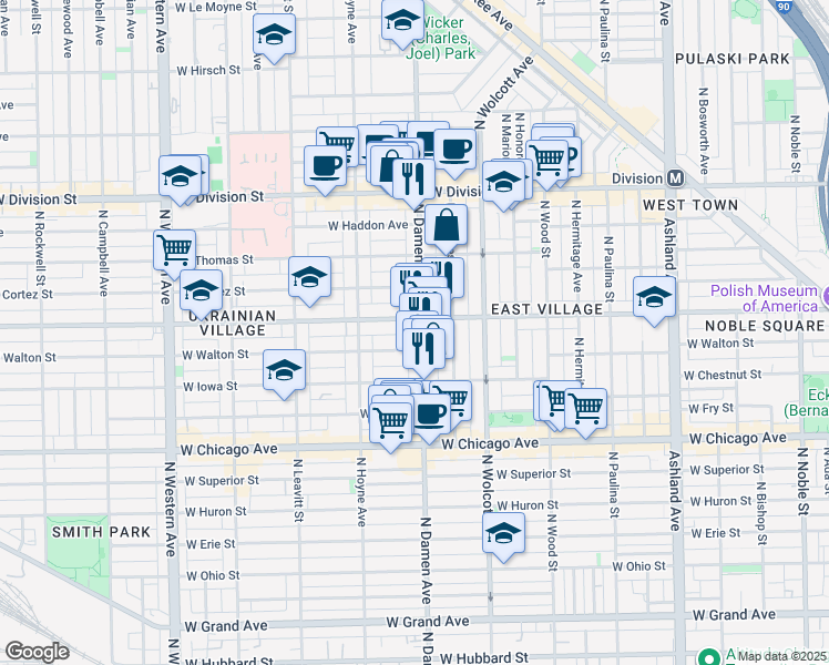 map of restaurants, bars, coffee shops, grocery stores, and more near 948 North Damen Avenue in Chicago