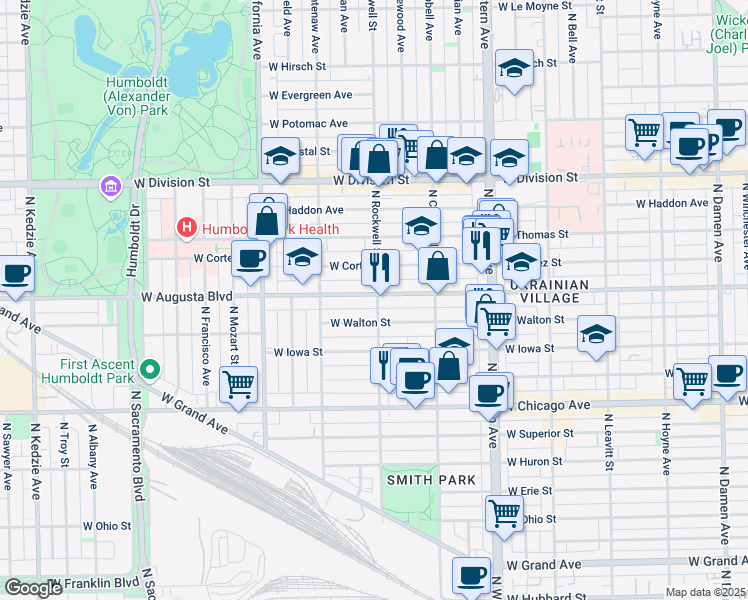 map of restaurants, bars, coffee shops, grocery stores, and more near 2601 West Augusta Boulevard in Chicago