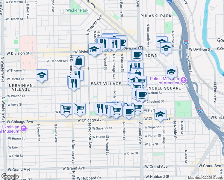 map of restaurants, bars, coffee shops, grocery stores, and more near in Chicago
