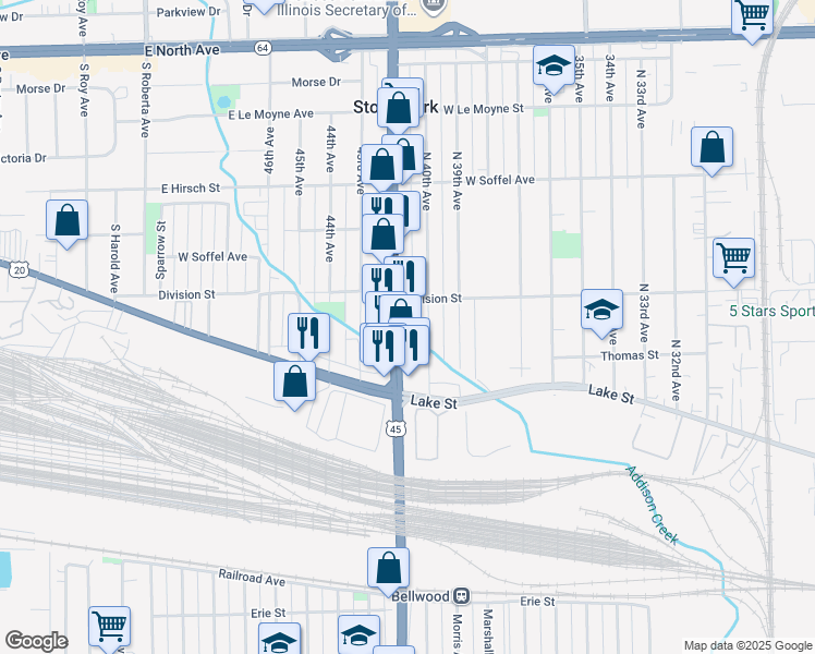 map of restaurants, bars, coffee shops, grocery stores, and more near 1559 Mannheim Road in Stone Park